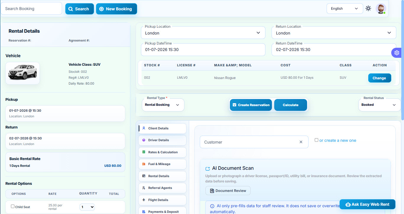 Reservation and rental agreement workflow