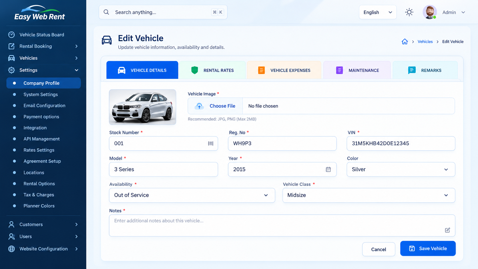 Easy Web Rent vehicle details and fleet management workspace