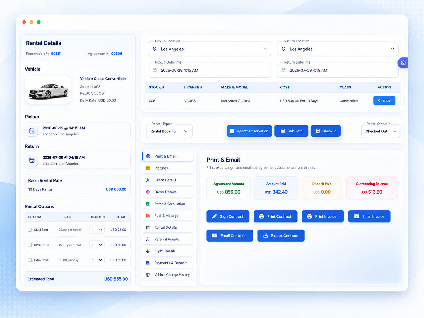 Easy Web Rent rental agreement management screen with vehicle details, pricing, payments, and contract actions